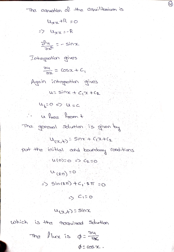 The cauation of the cquilibaium is Sinx Integation gives ニ COSス+C, he Again intetion gives uzo U -c Puee om geneal Sduticnis