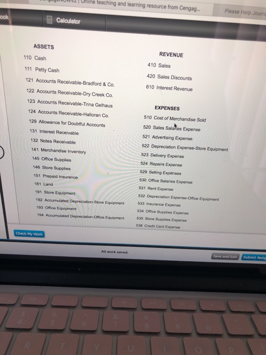02T URline teaching and learning resource from Cengag Please Help Journa Calculator ASSETS 110 Cash 111 Petty Cash REVENUE 10
