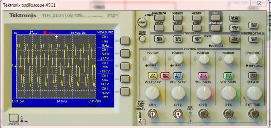 Tektronix oscilloscope-XSC1 SATE/RECALLMEASURE Tektronix TDS 2024 EITL STOEGE OSCI3MH M Pos: 0s MEASURE CH1 Freq kHz CH1 Pk-P