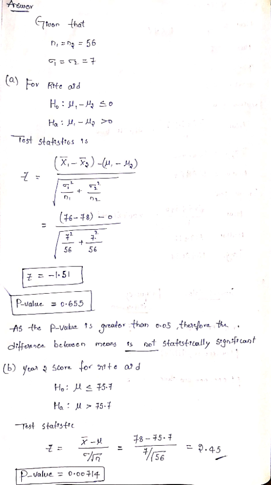 Arswor Gtoom hat (a Fov Rite aid Ha ,- >o Test stastios i5 X,-),) 7 68) 56 56 7 = -I-5T Pvalue = C.655 greatorthon o05 theref