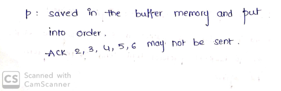 p saved in the buer memor and puf into order AcK 2, 3, ,5,G may not be sent 2,3, u, 5,6 no be Sent CS Scanned with CamScanner