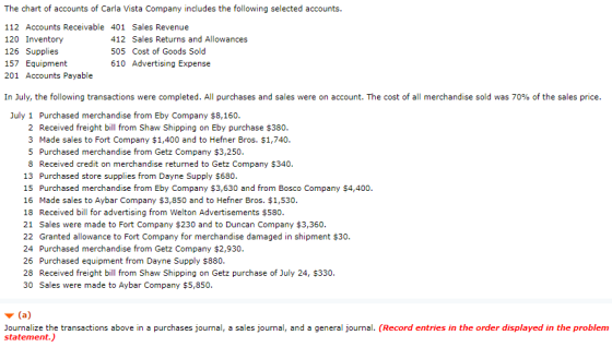 The chart of accounts of Carla Vista Company includes the following selected accounts 112 Accounts Receivable 401 Sales Reven