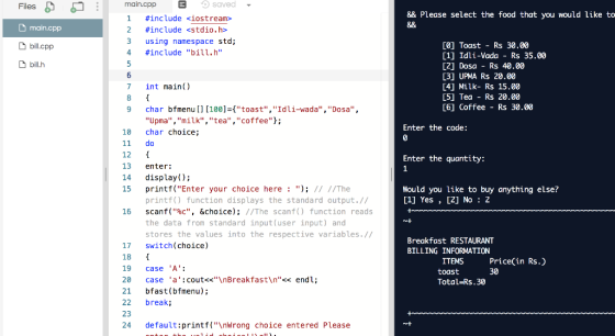 Files main.cpp E saved && Please select the food that you would like to #include io stream» main.cpp 2 #include <stdio.h> 3 u