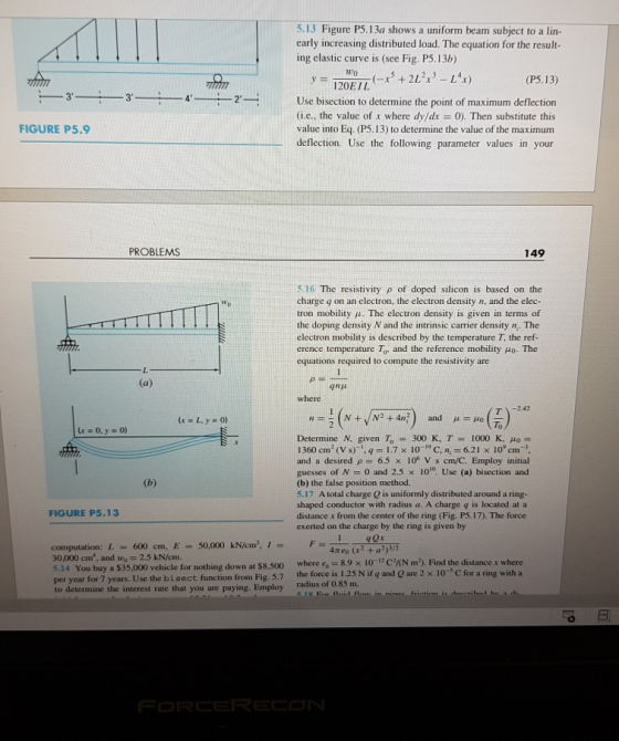 5.13 Figure P5.13a shows a uniform beam subject to a lin- early increasing distributed load. The equation for the result- ing