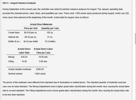Part C-August Variance Analysis During September of the current year, the controller was asked to perform variance analyses f