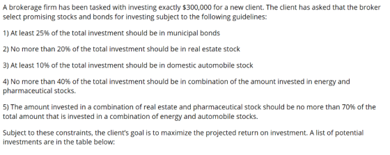 A brokerage firm has been tasked with investing exactly $300,000 for a new client. The client has asked that the broker selec