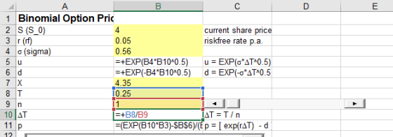 A E Binomial Option Pric 2 S (S 0) 3 r (rf) (sigma) 1 4 current share price riskfree rate p.a 0.05 4 0.56 +EXP(B4*B10^0.5) |=