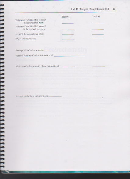 Lab 11: Analysis of an Unknown Acid83 Trial 2 Trial # 1 olume of NaOH added to reach the equivalence point Volume of Na0H add