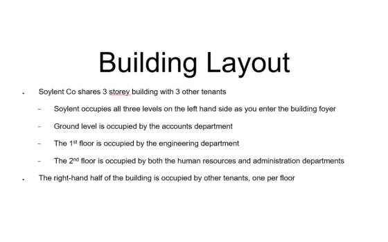 Building Layout Soylent Co shares 3 storey, building with 3 other tenants Soylent occupies all three levels on the left hand
