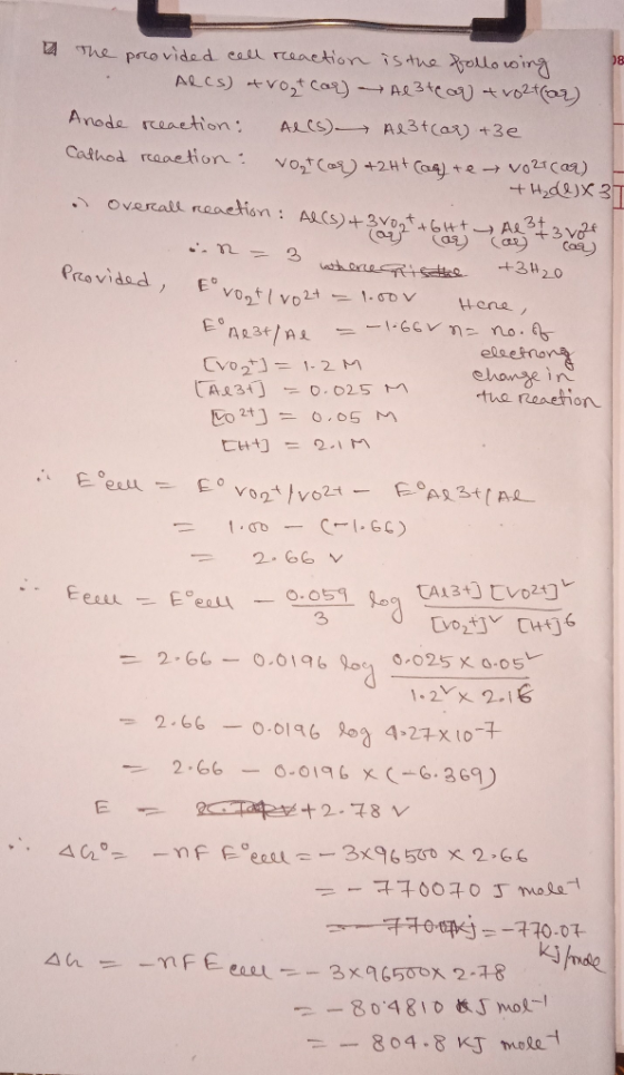 The Provided een remeti on istue 0lLo toma Anode reaction: ALLs)-→ AL3t(at)+3e eleetno the renetion Eo2tJ = o.os m ee从 3 1-2x