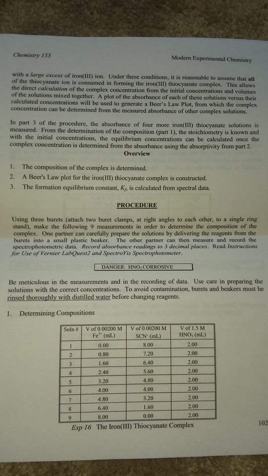 Chemistry 153 Modern Experimental Chemistry with a large excess of iron(III) ion. Under these conditions, it is reasonable to