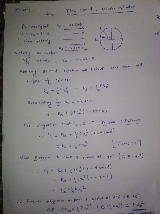 Gyiven. Tlow around a circular cylinder ( River voloe 45 Velocily onSurdce cylinder Ve 2USine and Arrlvirg Bernaublun Fres sk
