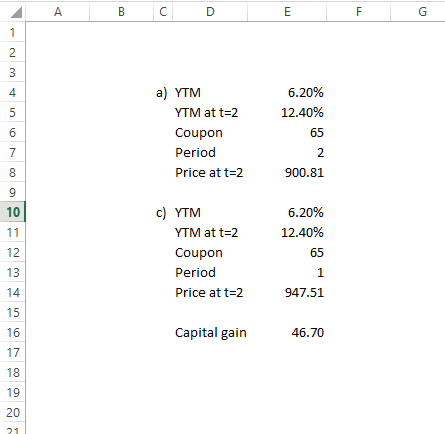 6.20% 4 a) YTM YTM at t-2 12.40% Coupon Period 2 Price at t-2 900.81 c) YTM YTM at t-2 10 6.20% 12.40% 12 Coupon 13 Period 1