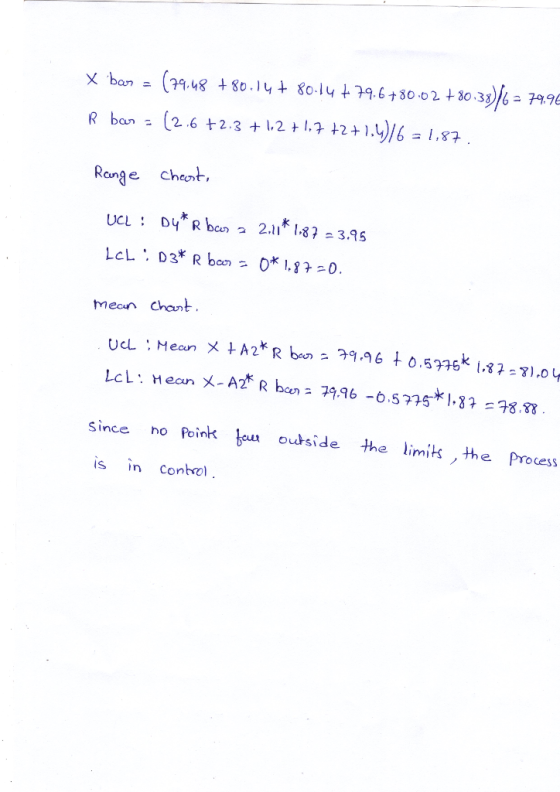R ban - (2 6 +2.3 2 2+.6 18 Range cheont UCL : D4* R bar, a 2.11* 187 스 3.95 since ho Poinkeu ouside the limits , the Process
