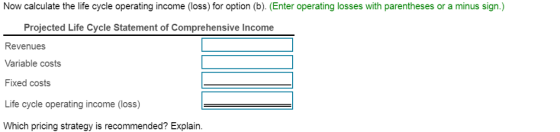 minus sign.) Now calculate the life cycle operating income (loss) for option (b). (Enter operating losses with parentheses or