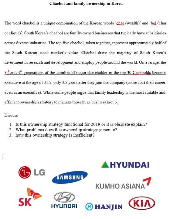 Chaebol and family ownership in Korea The word chaebol is a unique combination of the Korean words chas (wealth) and bol (cla