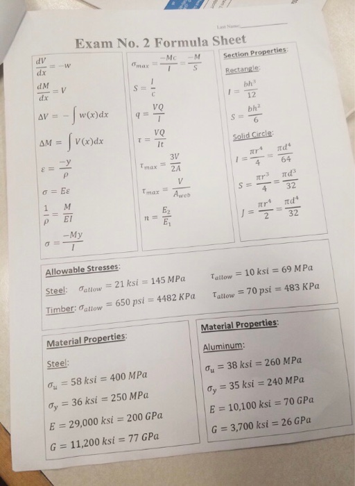 Last Name Exam No. 2 Formula Sheet dV -Mc Section Properties: dr max S Rectangle: dM S - dx bh 12 VQ AV=- w(x)dx bh2 S= 6 VQ