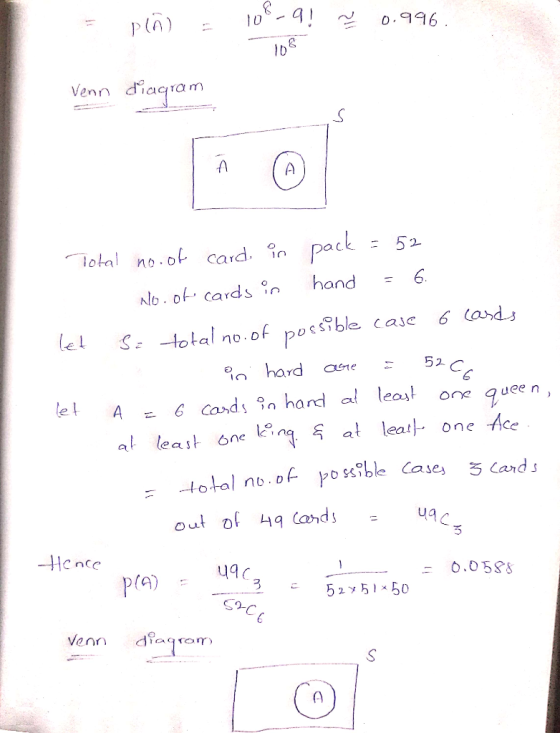 Venn diagram pac lotal no ok card. lb. of cards hand 6 el Sz -total no . of poss ble casc 6 and hard are 52 C A = C Cards%, h