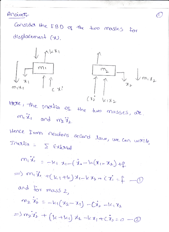 displacement (u mi mは1 củ (12 レス tore, nhe io theo masses, ae m* and 12. Herce 10m neutons second law, we can wXtle and To