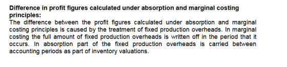 Difference in profit figures calculated under absorption and marginal costing principles: The difference between the profit f