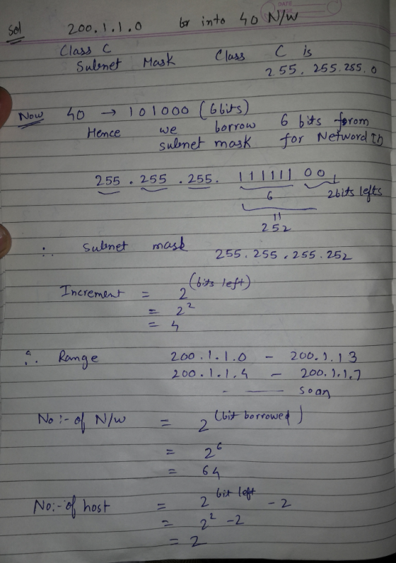 DATE into 40 N/w 200,1.1.0 Sol Class C Sulnet C is Class Mask 255, 255. 255, o1000 40 forom for Netword tb Now borrow Sulnet