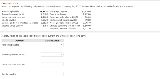 Exercise 10-15 Marin Inc. reports the following liabilities (in thousands) on its January 31, 2017, balance sheet and notes t