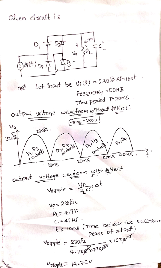 atven ciocuft is a.7k Df Let input be U;lt) = 230 sinioot foeauenty 50H3 Tme peiod T-20ms Output voltage wavefosm without frl