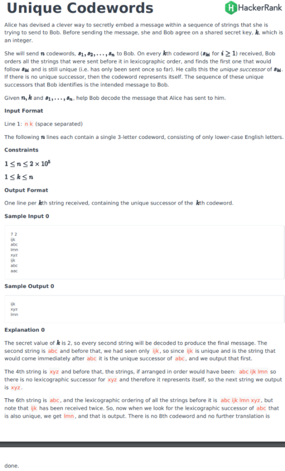 Unique Codewords HackerRank Alice has devised a clever way to secretly embed a message within a sequence of strings that she