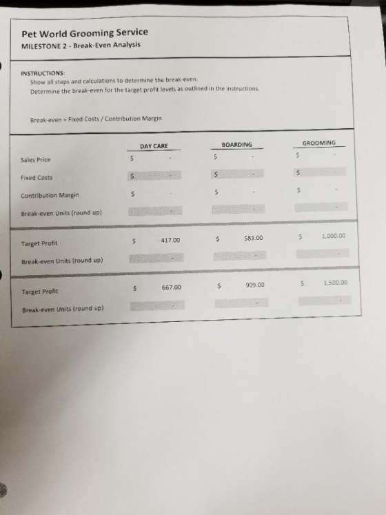 Pet World Grooming Service MILESTONE 2 - Break-Even Analysis INSTRUCTIONS Show all steps and calculations to determine the br