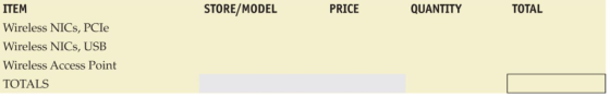 TOTAL ITEM STORE/MODEL PRICE QUANTITY Wireless NICs, PCIe Wireless NICs, USB Wireless Access Point TOTALS