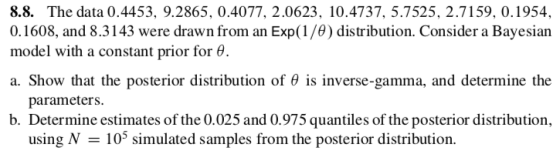 8.8. The data 0.4453, 9.2865, 0.4077, 2.0623, 10.4737, 5.7525, 2.7159, 0.1954, 0.1608, and 8.3143 were drawn from an Exp(1/6)