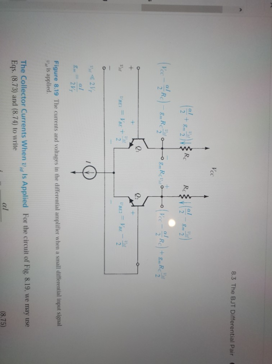 8.3 The BJT Differential Pair Cc 2 Wid 2 Rc 2i 02 Vid 2 Figure 8.19 The currents and voltages in the differential amplifier w