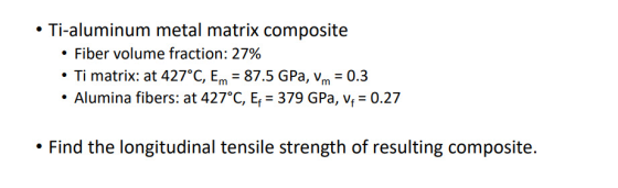 Ti-aluminum metal matrix composite Fiber volume fraction: 27% Ti matrix: at 427°C, Em 87.5 GPa, v 0.3 . Alumina fibers: at 42