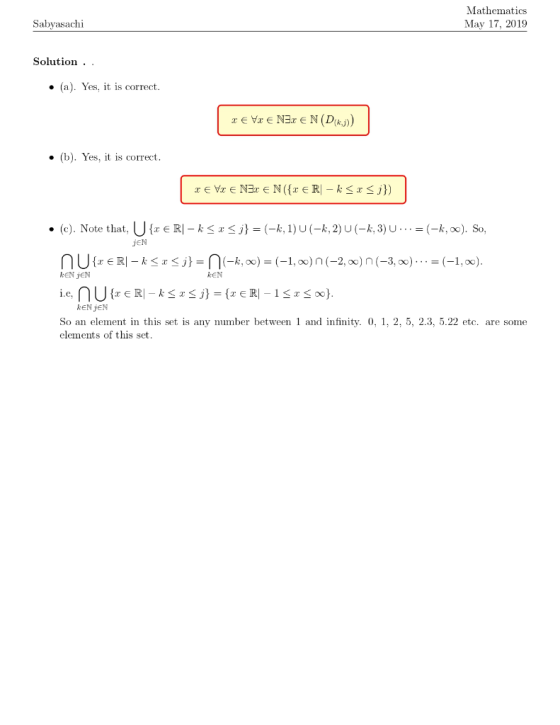Mathematics Sabyasachi May 17, 2019 Solution . . (a). Yes, it is correct (b). Yes, it is correct. . (c). Note that. U {re Rにk