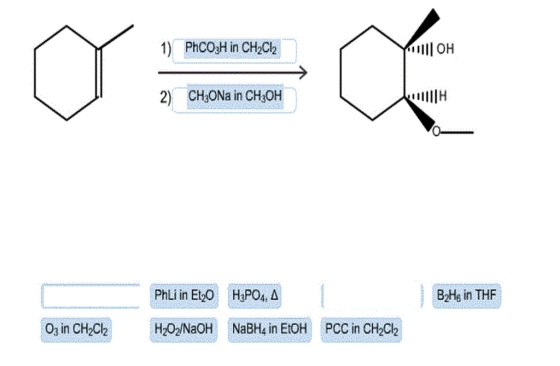 PhCOgH in CH2Ch 1) 2) CH30Na in CH:0H OH PhLi in Et2O H3PO4, Δ B2Hg in THF O3 in CH2Cz H2O2NaOHNaBH4 in EtOH PCC in CH2Cl2
