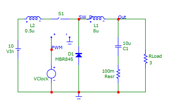 S1 L2 0.5u L1 8u 10u C1 10 VIn WM RLoad 3 D1 MBR845 100m Resr