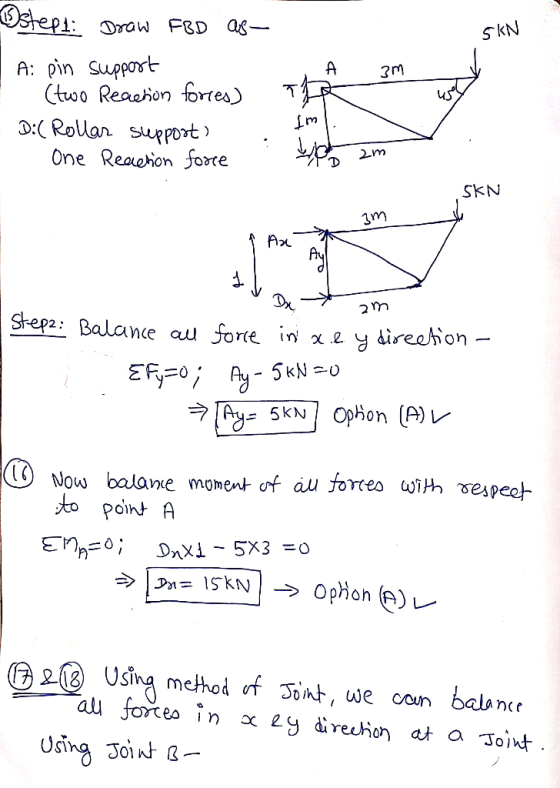 Draw FBD as skN A: pin Suppost ?m D:( RoWan support One Reaeion forte 2.m SkN 3m gepai Balane aor in x 2 y direetion to point