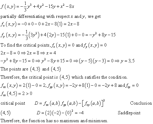 parti ally differenti ating with respect x andy, we get 左(x,y)--0+0-0+2x-8(1)= 2x-8 To find the critical points,ґ, (x,y)-0 an