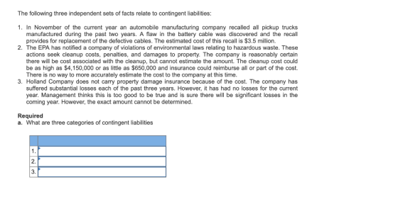 The following three independent sets of facts relate to contingent liabilities 1. In November of the current year an automobi