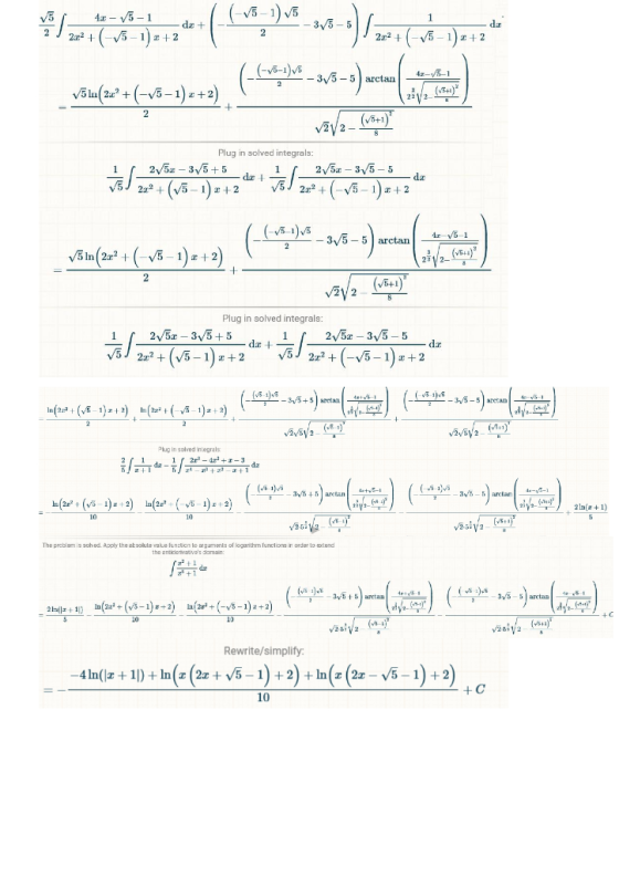 5-1)5 4x- 5-1 1 3V5-5 dr 5-1+2 2 2ar2 5 2a2 t (-5-1v3v5-5 arctan 4- 2 () 5- + 2 (v5+1) v22 Plug in solved integrals: 25355 25
