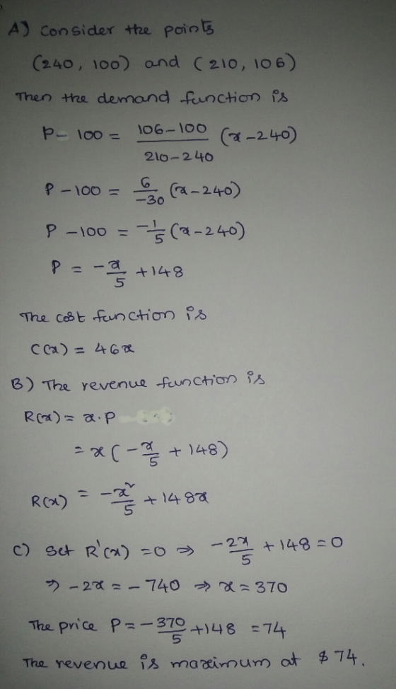 A) Consider the poin C240, 100) and (210, 106) Then the demand Runction fs 1O6-100 p-100 C240) 2 10-240 a-240) -30 -100 P -10