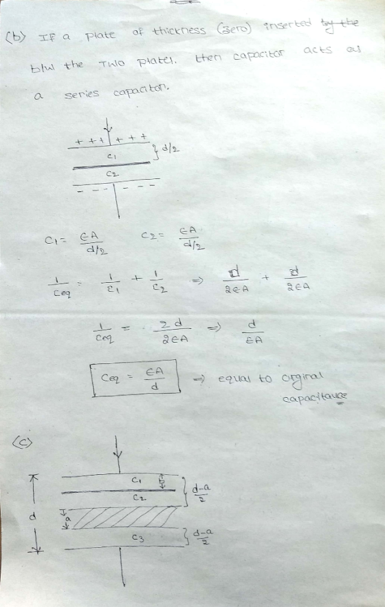 Bero) nserted thiceness Cby IF a Plate acts ther capacitor Platej Tho blui the a Series capact ton. C2 C22 d/2 ae A Ceq 2 d C
