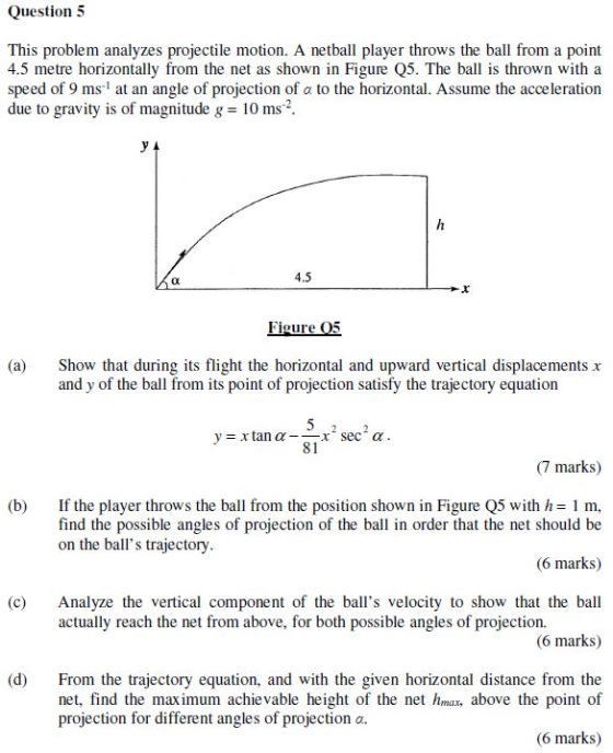 Question 5 This problem analyzes projectile motion. A netball player throws the ball from a point 4.5 metre horizontally from