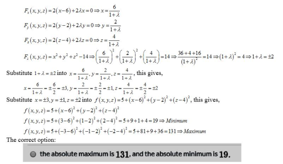 6 F(x y,z) 2(x-6)+ 22x =0x : 1+A 2 y2 F.(x, y.z) 2(y-2)+22y 0 4 F (x,y,z) 2(z-4)+21z 0z= 1+A 2 6 36+4+16-14(1+2 = 41+2=t2 2 4