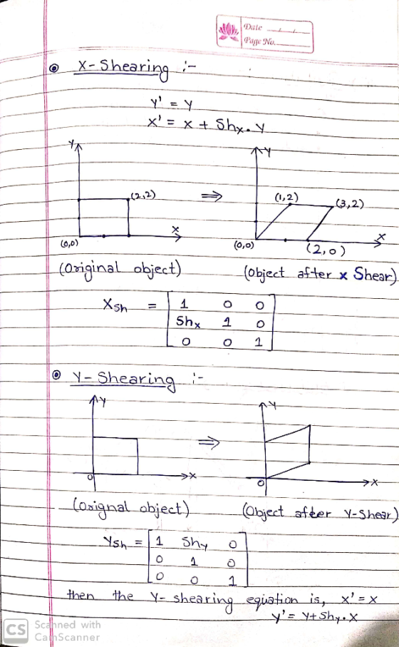 Datend. Page No Shearing X - O y x = x + 5hy.Y (,2) (3,2) (2, o) (0,0) (0,0) (ariginal abject). (object afterx Shear) X 1 Sh