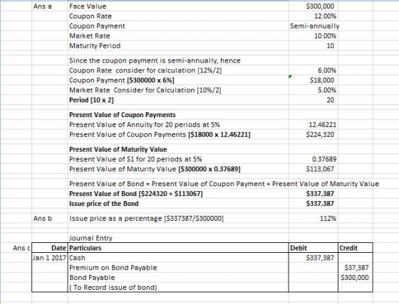 $300,000 12.00% Ans a Face Value Coupon Rate Coupon Payment Market Rate Maturity Period Semi-annually 10.00% 10 Since the cou
