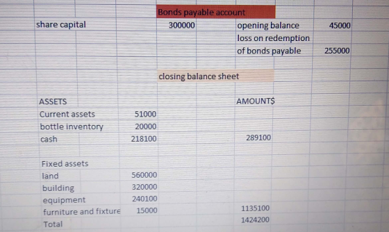 Bonds payable account share capital 300000 opening balance redemption of bonds payable 45000 loss on 255000 closing balance s