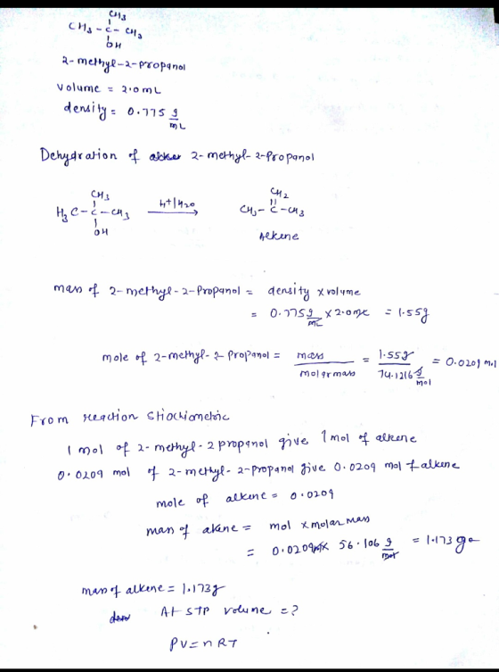 volume = 2,0 mL densis 15 Tn) L 2-methyl-2-Propanol Deng4raHon kw a 내 CH1 2. hekane SS30 0 mole H 2-merngP-2-propanol = mon m