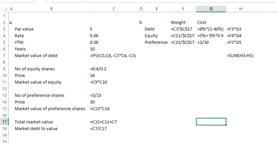 G A D F F 1 Weight C7/$C$17 8%*(1-40%) =F3*G3 -C11/$C$17 5%+ 9%*0.9 =F4*G4 b 2 Cost a Par value Debt 3 5 4 Rate 0.06 Equity P