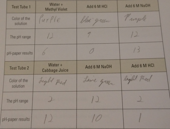 Water + Methyl Violet Test Tube 1 Add 6 M HCI Add 6 M NaOH Color of theurPle solution /2 The pH range pH-paper results Water